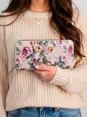 Ivory Rose Floral Print Zip Wallet Clutch Easy to Hold and Carry 8 x4" - Hey Viv